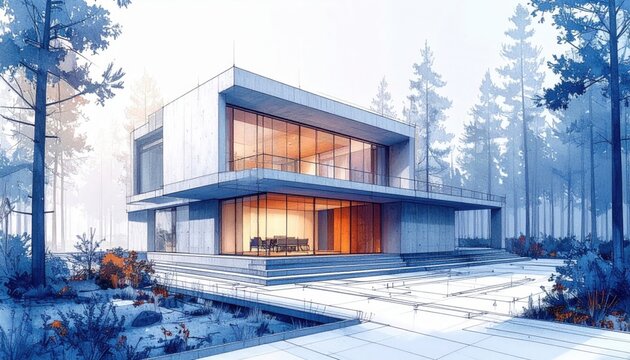 Minimalist two story concrete house with floor to ceiling windows stands in blue hued pine forest on architectural blueprints