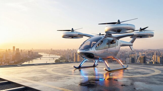 futuristic electric flying taxi landed on rooftop helipad against city skyline at sunset. passenger drone vehicle with propellers ready for takeoff. urban air mobility concept. banner with copy space.