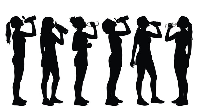 Silhouettes of women drinking from bottles in various poses