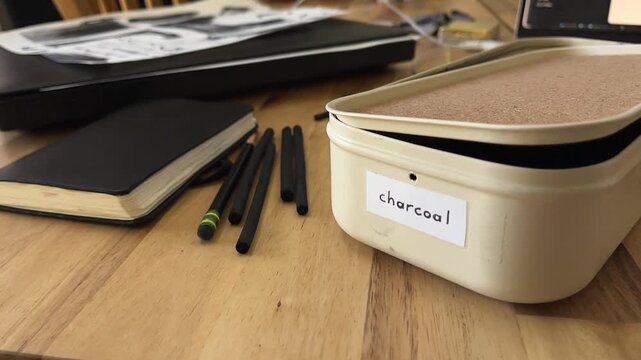 Creative workspace with artistic charcoal and sketchbook on wooden table