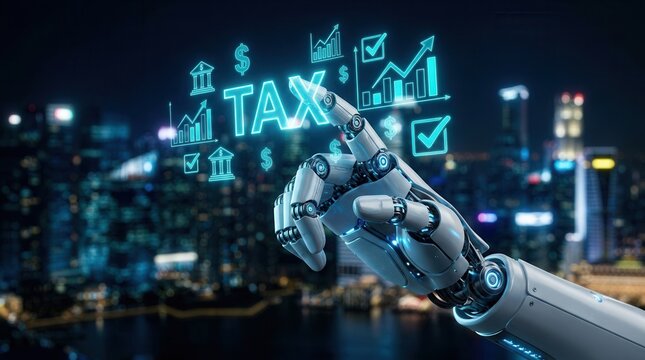 Robotic hand interacting with digital tax and finance elements in a futuristic city.