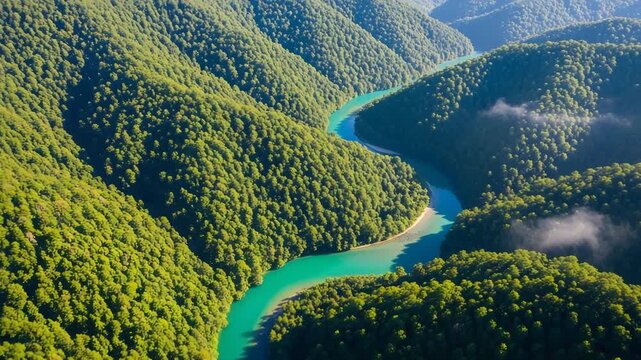 Aerial view of a winding river through lush green mountains