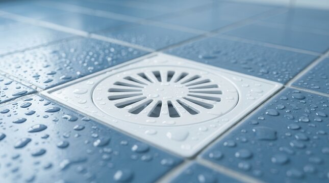 Close-up of a clean floor drain on blue tiled surface with fresh water droplets.