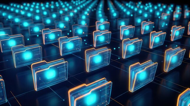 Futuristic digital file icon array representing networked storage management and synchronization.