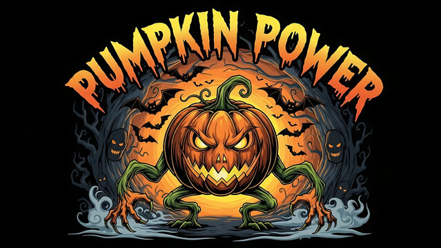 Angry pumpkin monster with text pumpkin power for halloween isolated on a transparent background