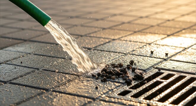Water from garden hose washes debris on textured paving stones towards sewer grate in golden hour light