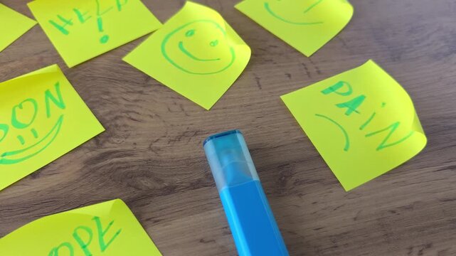 Colorful sticky notes with handwritten words like hope, mom, and pain arranged on a wooden surface alongside a blue highlighter pen for creative expression and organization