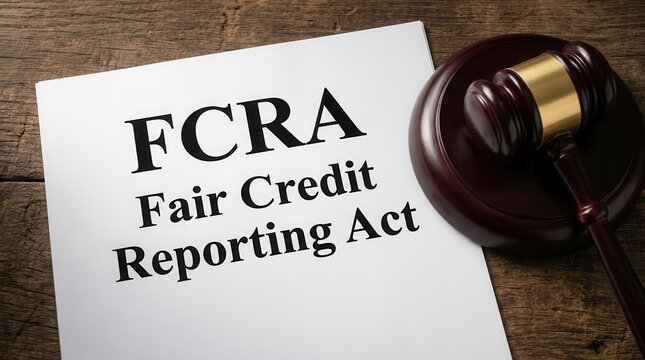 FCRA Fair Credit Reporting Act printed document beside a wooden gavel on a desk.