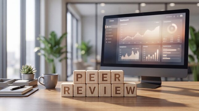 Peer review concept on wooden blocks in office, professional feedback and quality control, business assessment and performance evaluation