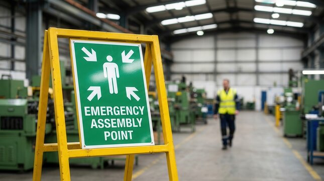 Emergency assembly point sign in a factory for evacuation protocol and safety instructions.