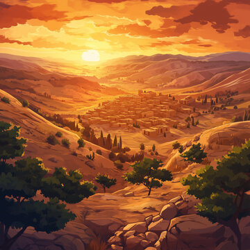 Ancient Middle East village at sunset nestled in desert hills, biblical landscape illustration