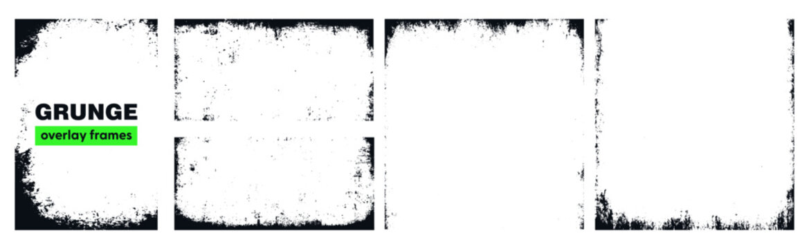 Set of black grunge overlay frame and background with grime and rugged effect. Border collection with vintage texture.