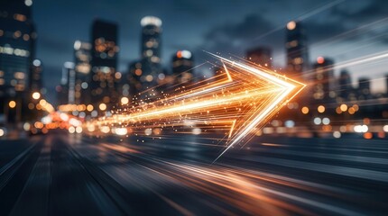 Fototapeta premium Abstract glowing arrow of light over a blurred cityscape representing business transformation.