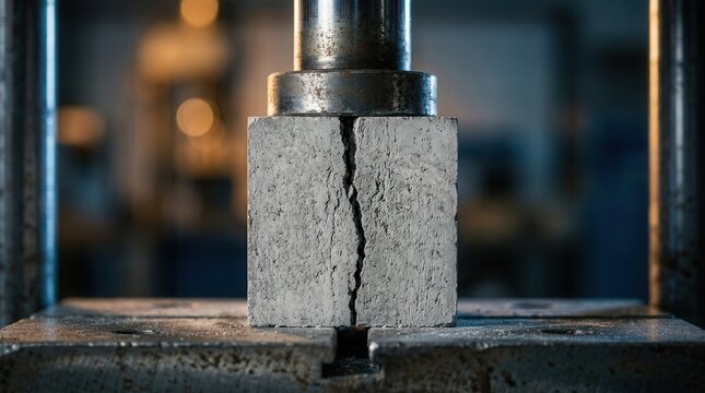 A concrete cube being tested for strength in a compression machine with a visible crack.