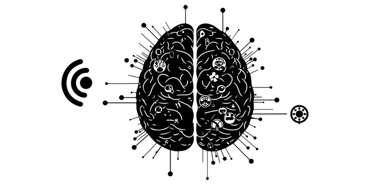 Cybernetic brain concept with microchips and circuit board traces, brain and tech themed icon and circuit background. 