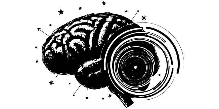 Cybernetic brain concept with microchips and circuit board traces, brain and tech themed icon and circuit background. 
