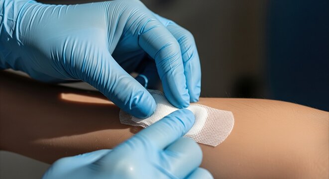 Gloved hands apply sterile bandage with precision and care to skin in clinical setting, highlighting medical technique and detail