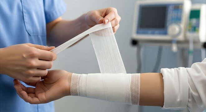 Medical professional bandaging patient's arm with gauze in a sterile clinic with modern equipment