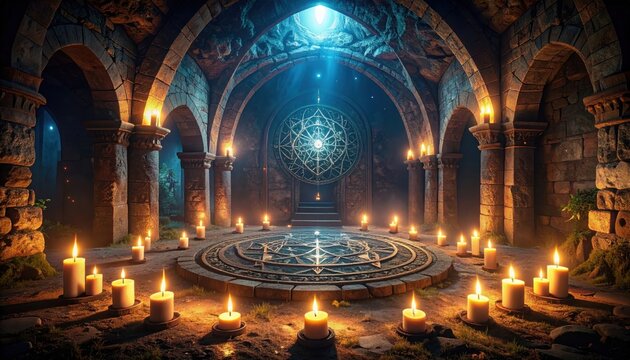 A Mysterious Underground Chamber Illuminated by Candlelight, Featuring Intricate Symbolism and an Enigmatic Atmosphere perfect for Rituals and Magic.