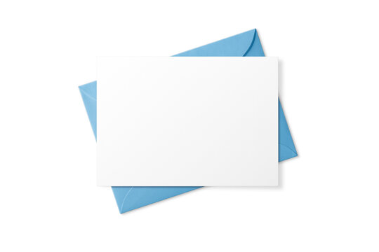 Blue horizontal euro flap envelope mockup with card isolated on transparent background, PNG. High Resolution.