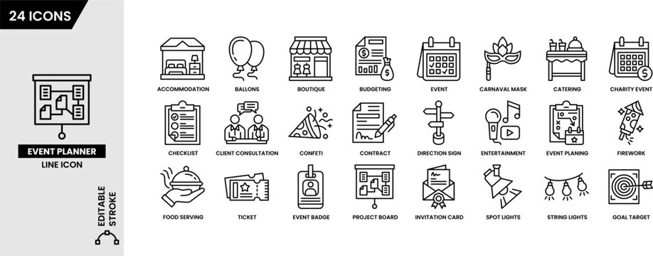 Event planner line icon set editable stroke. Containing icons project board, catering, invitation, accommodation, balloons and more.