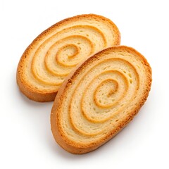 Fototapeta premium Two crispy spiral toasted bread slices isolated on white.