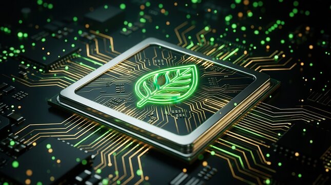 Eco microchip with a green leaf emblem embedded in glowing circuitry for sustainable computing.