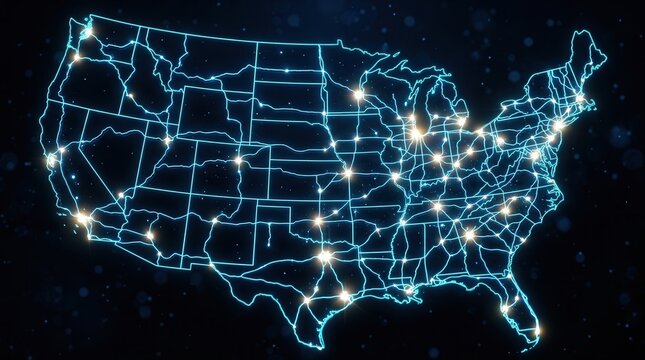 Technological map of the United States with interconnected digital communication routes and nodes.