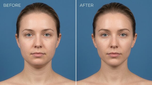 Before and after results of jawline surgery and buccal fat removal for a woman.