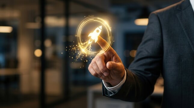 Business hand launching a digital rocket icon for startup activation and rapid growth.