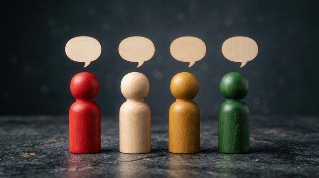 Wooden figures with speech bubbles representing communication and dialogue.