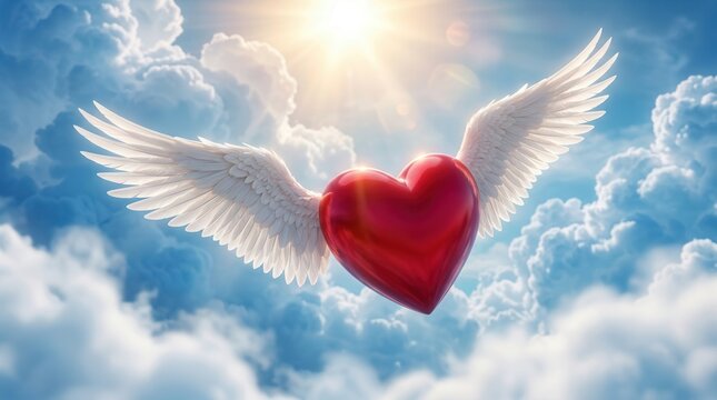 A red winged angel heart flying through clouds with copy space.