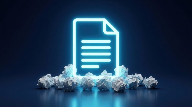 A glowing document icon stands above discarded drafts, symbolizing final approval and quality assurance.