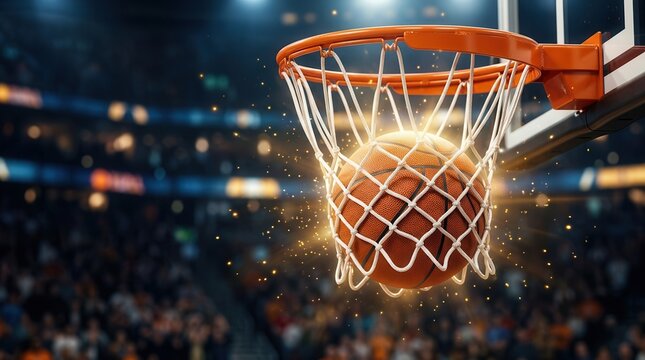 Men's College Basketball tournament 2025 poster featuring a basketball scoring in the hoop.