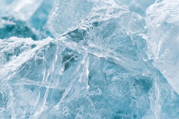 Frozen ice surface with intricate crystalline formations and textures, showcasing a close-up view of the natural beauty of ice in a cool blue hue
