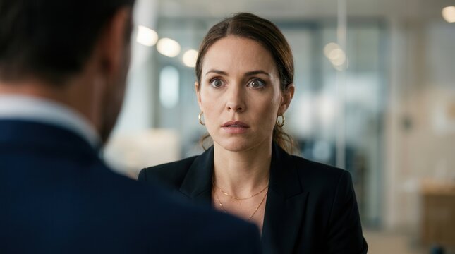Stunned employee receiving unexpected negative feedback during an annual performance review.