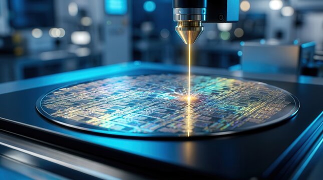 Precision laser patterning a semiconductor wafer in a controlled clean room environment.