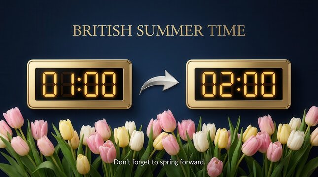 British Summer Time spring forward 2026 clock change with golden digital clocks and tulips.