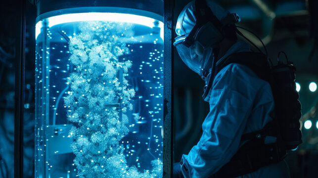 A scientist dons a suit with an air filtration system as a precaution before entering a containment chamber. Inside a fully grown synthetic organism floats in a tank of liquid