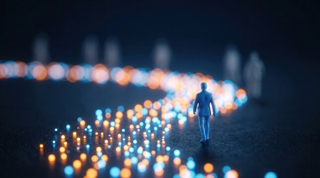 Miniature people walking along a glowing data path representing customer journey and user behavior.