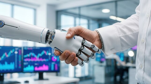 Close-up of a robot and a businessman shaking hands in an office to symbolize a successful interview and closing a deal.