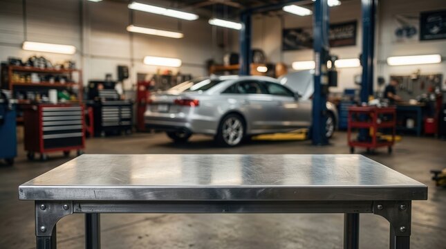 Empty metal workbench table in an auto repair shop for automotive product display mockup.