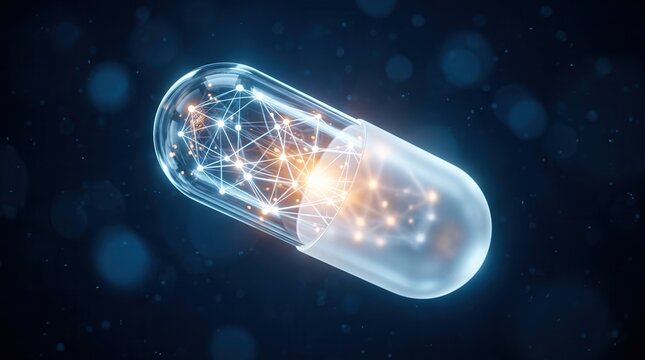 Futuristic transparent medical capsule containing a glowing digital network for biotechnology.