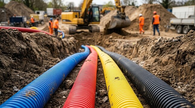 Colorful underground utility pipes laid in a dirt trench at a construction site.