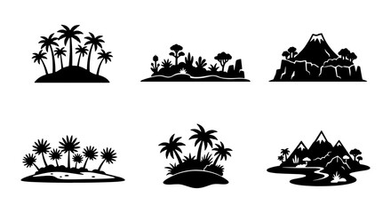 Tropical Island Silhouettes, Volcano Landscape, Mountain Scene, Palm Trees, Exotic Nature Elements © Shaila