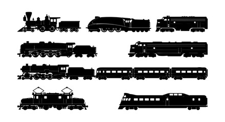 Vintage and Modern Train Silhouettes Collection, Classic Locomotive and High-Speed Rail Icons © Shaila