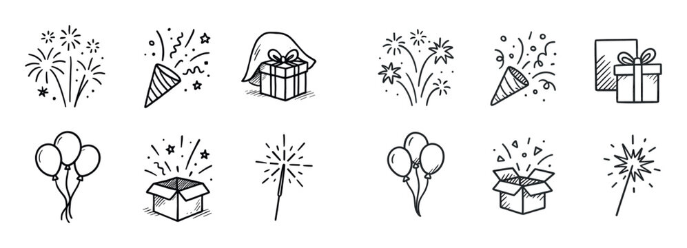 Celebration icons with fireworks gift balloon handdrawn