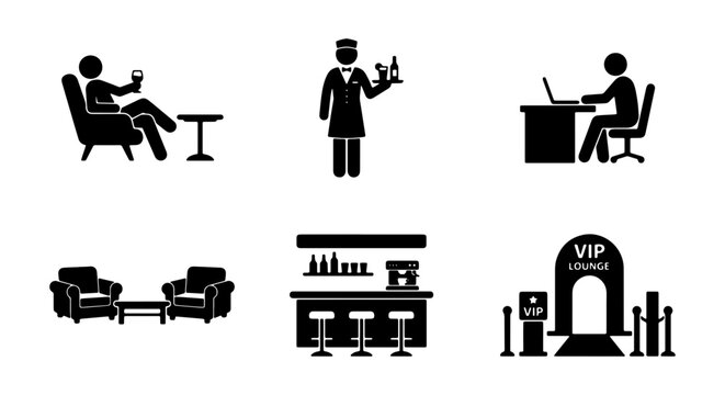 VIP Lounge Icons: Bar, Seating, Reception, Staff, Business, Relaxation