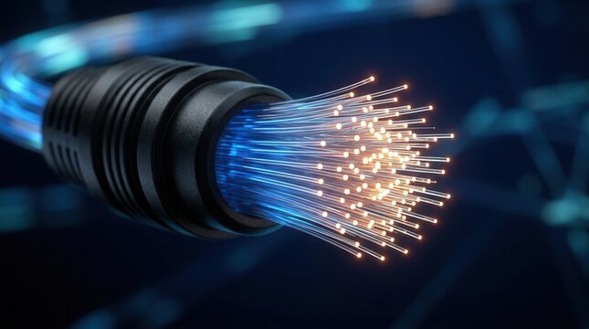 High speed optical fiber cable with glowing blue light and copy space.