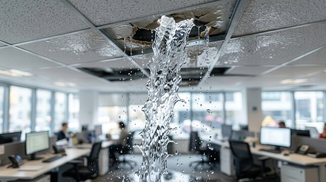Heavy water leak pouring from a damaged ceiling hole into a modern corporate office.
